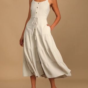 Lulus See the City Beige Button Front Tiered Dress- POCKETS❣️